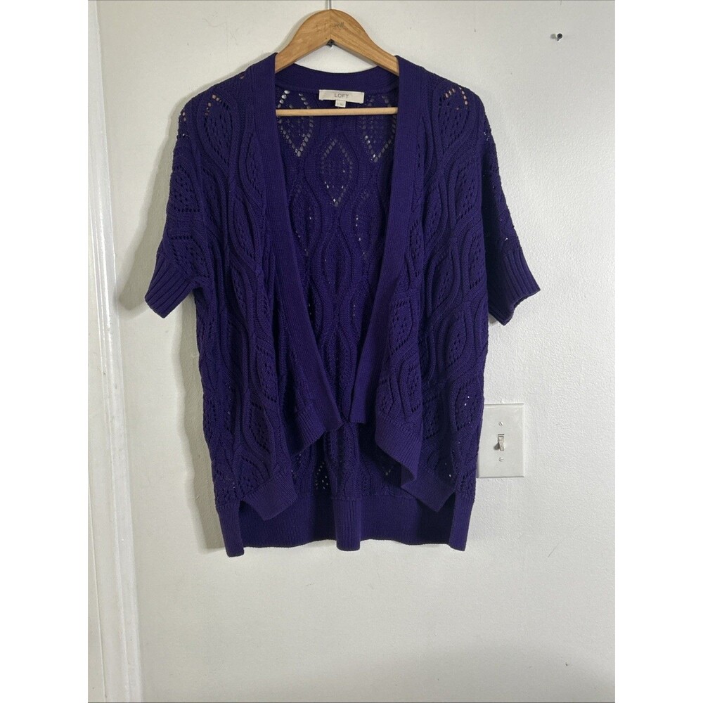 LOFT Purple Cable Knit Short Sleeve Open Front Cardigan Sweater Women's Small